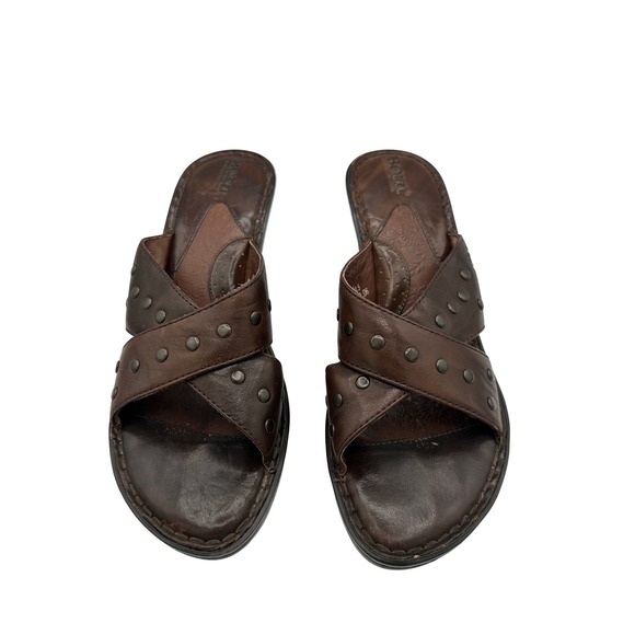 Born Brown Leather Studded Cross Straps Slide Sandal Heel Size 9 M/W W6230 D6 - Picture 1 of 13